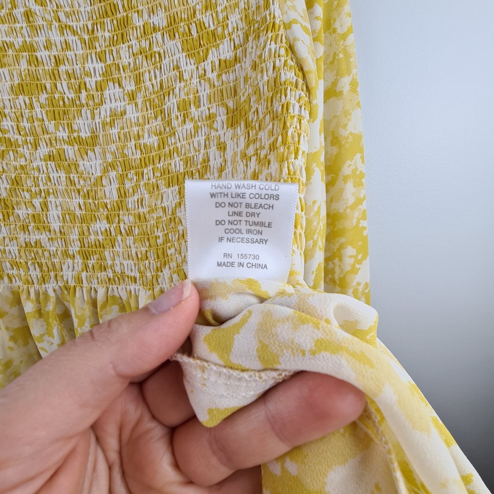 Rose + Olive Yellow White Abstract Smocked Peplum Blouse Long Sleeve Medium - Picture 4 of 8
